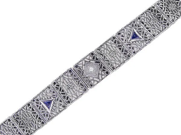 Antique Jewelry Mall Art Deco Filigree Diamond and Sapphire Bracelet in 14 Karat White Gold Bracelets Antique Jewelry Mall Art Deco Filigree Diamond and Sapphire Bracelet in 14 Karat White Gold Bracelets