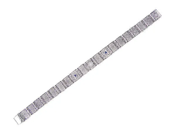 Antique Jewelry Mall Art Deco Filigree Diamond and Sapphire Bracelet in 14 Karat White Gold Bracelets