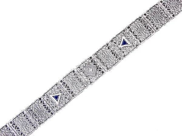 Antique Jewelry Mall Art Deco Filigree Diamond and Sapphire Bracelet in 14 Karat White Gold Bracelets