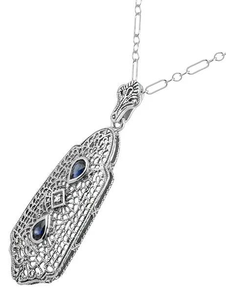 Antique Jewelry Mall Art Deco Filigree Sapphire and Diamond Pendant Necklace in Sterling Silver Necklaces Antique Jewelry Mall Art Deco Filigree Sapphire and Diamond Pendant Necklace in Sterling Silver Necklaces