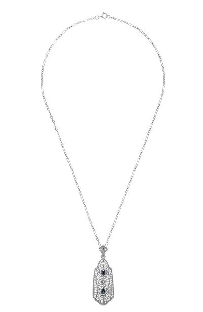 Antique Jewelry Mall Art Deco Filigree Sapphire and Diamond Pendant Necklace in Sterling Silver Necklaces Antique Jewelry Mall Art Deco Filigree Sapphire and Diamond Pendant Necklace in Sterling Silver Necklaces