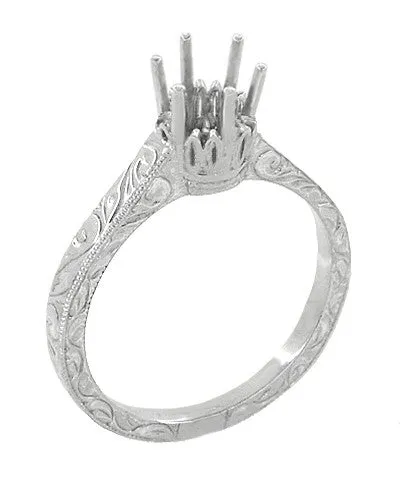 Antique Jewelry Mall Art Deco Scroll Engraved 12 Carat Crown Filigree Engagement Ring Setting in White Gold 14K or 18K Rings Antique Jewelry Mall Art Deco Scroll Engraved 12 Carat Crown Filigree Engagement Ring Setting in White Gold 14K or 18K Rings