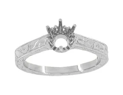 Antique Jewelry Mall Art Deco Scroll Engraved 12 Carat Crown Filigree Engagement Ring Setting in White Gold 14K or 18K Rings Antique Jewelry Mall Art Deco Scroll Engraved 12 Carat Crown Filigree Engagement Ring Setting in White Gold 14K or 18K Rings