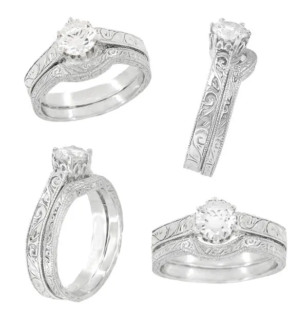 Antique Jewelry Mall Art Deco Scroll Engraved 12 Carat Crown Filigree Engagement Ring Setting in White Gold 14K or 18K Rings Antique Jewelry Mall Art Deco Scroll Engraved 12 Carat Crown Filigree Engagement Ring Setting in White Gold 14K or 18K Rings
