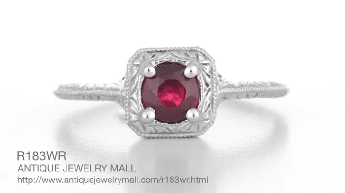 Antique Jewelry Mall Filigree Scrolls Art Deco Engraved Ruby Engagement Ring in 14 Karat White Gold Rings Antique Jewelry Mall Filigree Scrolls Art Deco Engraved Ruby Engagement Ring in 14 Karat White Gold Rings