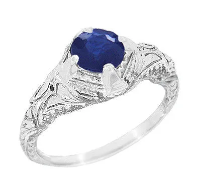 Antique Jewelry Mall Rings Art Deco Blue Sapphire Engraved Filigree Engagement Ring in 14 Karat White Gold Antique Jewelry Mall Rings Art Deco Blue Sapphire Engraved Filigree Engagement Ring in 14 Karat White Gold