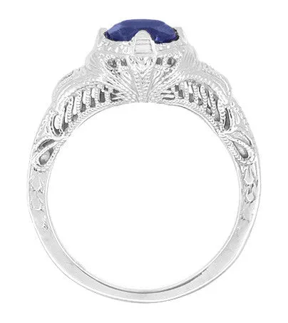 Antique Jewelry Mall Rings Art Deco Blue Sapphire Engraved Filigree Engagement Ring in 14 Karat White Gold Antique Jewelry Mall Rings Art Deco Blue Sapphire Engraved Filigree Engagement Ring in 14 Karat White Gold