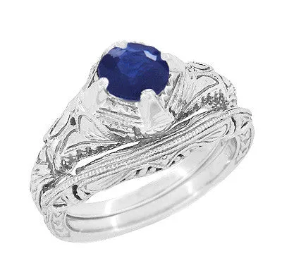 Antique Jewelry Mall Rings Art Deco Blue Sapphire Engraved Filigree Engagement Ring in 14 Karat White Gold Antique Jewelry Mall Rings Art Deco Blue Sapphire Engraved Filigree Engagement Ring in 14 Karat White Gold