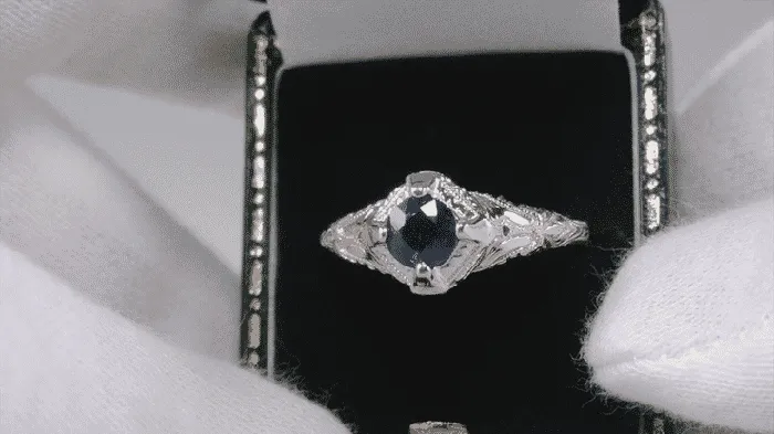 Antique Jewelry Mall Rings Art Deco Blue Sapphire Engraved Filigree Engagement Ring in 14 Karat White Gold Antique Jewelry Mall Rings Art Deco Blue Sapphire Engraved Filigree Engagement Ring in 14 Karat White Gold