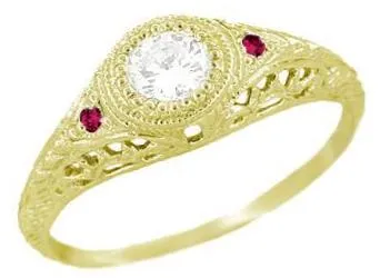 Antique Jewelry Mall Rings Art Deco Engraved Filigree Diamond Engagement Ring with Side Rubies in Yellow Gold Antique Jewelry Mall Rings Art Deco Engraved Filigree Diamond Engagement Ring with Side Rubies in Yellow Gold