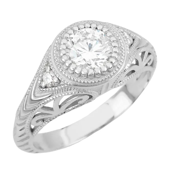 Antique Jewelry Mall Rings Art Deco Filigree Engraved 34 Carat Diamond Low Profile Engagement Ring in White Gold 14K or 18K Antique Jewelry Mall Rings Art Deco Filigree Engraved 34 Carat Diamond Low Profile Engagement Ring in White Gold 14K or 18K