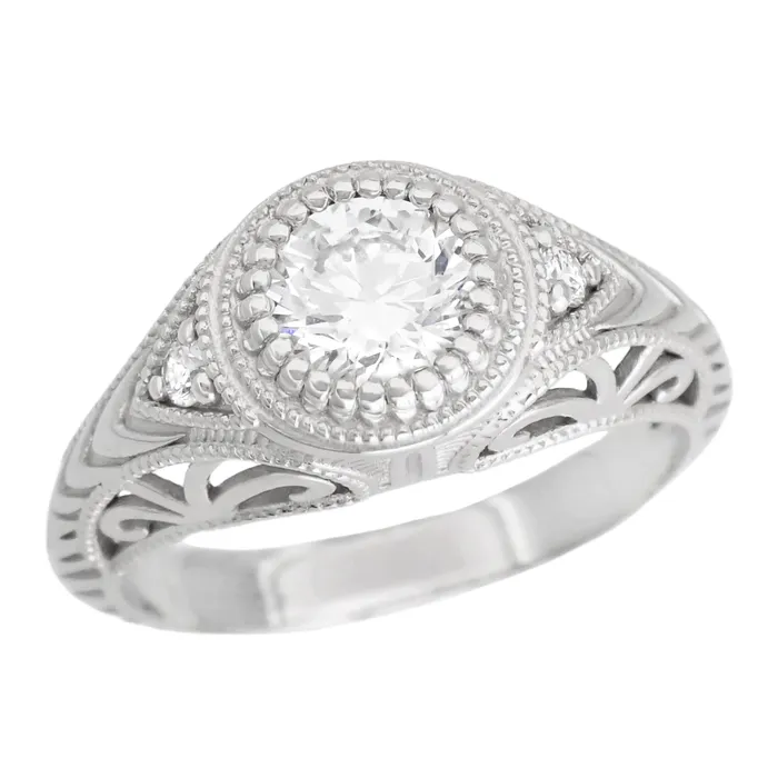 Antique Jewelry Mall Rings Art Deco Filigree Engraved 34 Carat Diamond Low Profile Engagement Ring in White Gold 14K or 18K Antique Jewelry Mall Rings Art Deco Filigree Engraved 34 Carat Diamond Low Profile Engagement Ring in White Gold 14K or 18K