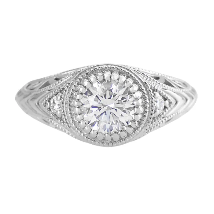 Antique Jewelry Mall Rings Art Deco Filigree Engraved 34 Carat Diamond Low Profile Engagement Ring in White Gold 14K or 18K Antique Jewelry Mall Rings Art Deco Filigree Engraved 34 Carat Diamond Low Profile Engagement Ring in White Gold 14K or 18K