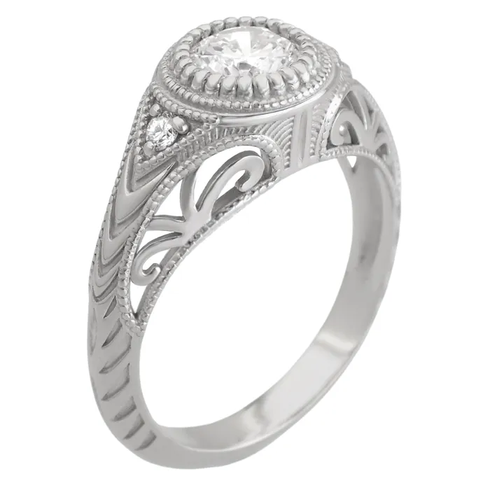 Antique Jewelry Mall Rings Art Deco Filigree Engraved 34 Carat Diamond Low Profile Engagement Ring in White Gold 14K or 18K Antique Jewelry Mall Rings Art Deco Filigree Engraved 34 Carat Diamond Low Profile Engagement Ring in White Gold 14K or 18K