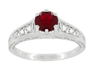 Antique Jewelry Mall Rings Art Deco Filigree Ruby Promise Ring in Sterling Silver with Side White Sapphires Antique Jewelry Mall Rings Art Deco Filigree Ruby Promise Ring in Sterling Silver with Side White Sapphires