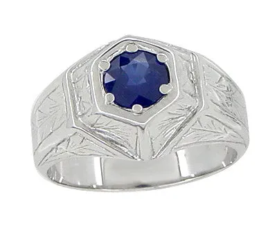 Antique Jewelry Mall Rings Art Deco Geometric Hexagonal Mens Blue Sapphire Ring in 14 Karat White Gold Antique Jewelry Mall Rings Art Deco Geometric Hexagonal Mens Blue Sapphire Ring in 14 Karat White Gold