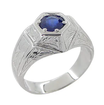 Antique Jewelry Mall Rings Art Deco Geometric Hexagonal Mens Blue Sapphire Ring in 14 Karat White Gold Antique Jewelry Mall Rings Art Deco Geometric Hexagonal Mens Blue Sapphire Ring in 14 Karat White Gold