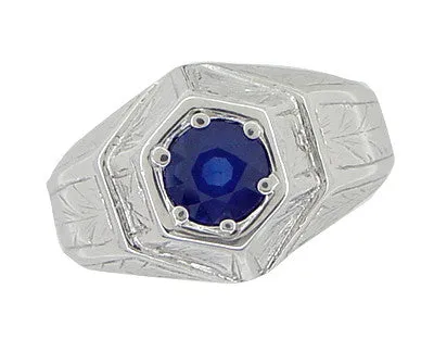 Antique Jewelry Mall Rings Art Deco Geometric Hexagonal Mens Blue Sapphire Ring in 14 Karat White Gold Antique Jewelry Mall Rings Art Deco Geometric Hexagonal Mens Blue Sapphire Ring in 14 Karat White Gold