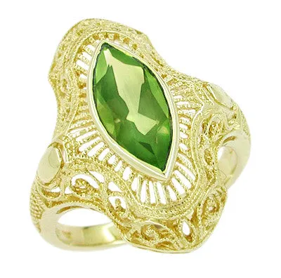 Antique Jewelry Mall Rings Art Deco Peridot Filigree Cocktail Ring in 14 Karat Yellow Gold Antique Jewelry Mall Rings Art Deco Peridot Filigree Cocktail Ring in 14 Karat Yellow Gold