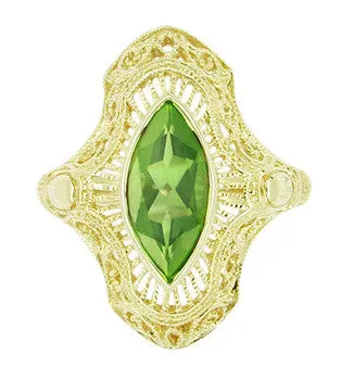 Antique Jewelry Mall Rings Art Deco Peridot Filigree Cocktail Ring in 14 Karat Yellow Gold