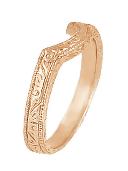 Antique Jewelry Mall Rings Art Deco Scrolls Engraved Contoured Wedding Band in 14 Karat Rose Gold