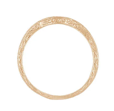 Antique Jewelry Mall Rings Art Deco Scrolls Engraved Contoured Wedding Band in 14 Karat Rose Gold