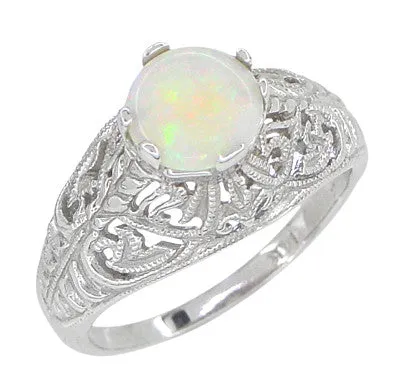 Antique Jewelry Mall Rings Edwardian Opal Filigree Ring in 14 Karat White Gold Antique Jewelry Mall Rings Edwardian Opal Filigree Ring in 14 Karat White Gold