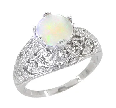 Antique Jewelry Mall Rings Edwardian Opal Filigree Ring in 14 Karat White Gold Antique Jewelry Mall Rings Edwardian Opal Filigree Ring in 14 Karat White Gold