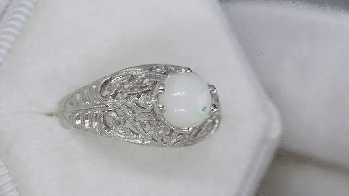 Antique Jewelry Mall Rings Edwardian Opal Filigree Ring in 14 Karat White Gold Antique Jewelry Mall Rings Edwardian Opal Filigree Ring in 14 Karat White Gold
