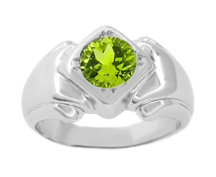 Antique Jewelry Mall Rings Geometric Art Deco White Gold 15 Carat Natural Peridot Ring for a Man Antique Jewelry Mall Rings Geometric Art Deco White Gold 15 Carat Natural Peridot Ring for a Man