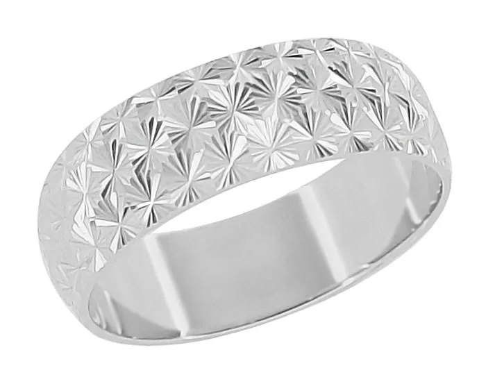 Antique Jewelry Mall Rings Mid Century Modern Vintage Starbursts Engraved Wedding Band in 10K or 14K White Gold 6mm Wide Antique Jewelry Mall Rings Mid Century Modern Vintage Starbursts Engraved Wedding Band in 10K or 14K White Gold 6mm Wide