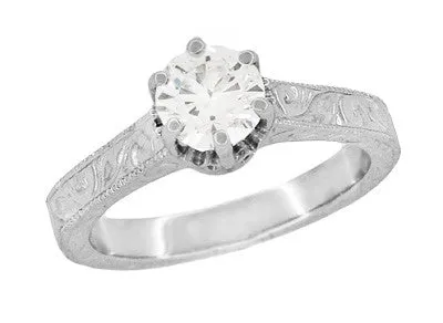 Art Deco Crown Filigree Scrolls Engraved 34 Carat Solitaire Diamond Engagement Ring in Platinum Antique Jewelry Mall Rings Art Deco Crown Filigree Scrolls Engraved 34 Carat Solitaire Diamond Engagement Ring in Platinum Antique Jewelry Mall Rings