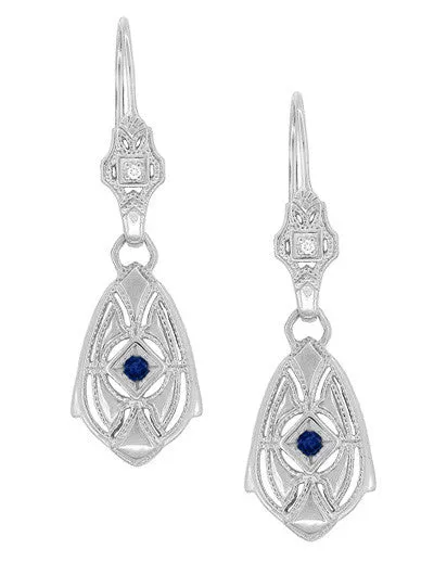 Art Deco Dangling Sterling Silver Sapphire and Diamond Filigree Earrings Antique Jewelry Mall Earrings Art Deco Dangling Sterling Silver Sapphire and Diamond Filigree Earrings Antique Jewelry Mall Earrings