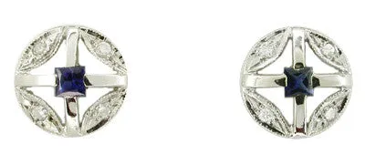 Art Deco Square Sapphire and Diamond Earrings in 14 Karat White Gold Antique Jewelry Mall Earrings Art Deco Square Sapphire and Diamond Earrings in 14 Karat White Gold Antique Jewelry Mall Earrings
