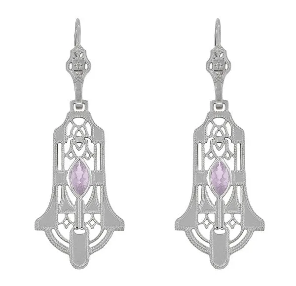 Art Deco Sterling Silver Rose de France Amethyst Dangling Filigree Earrings Antique Jewelry Mall Earrings Art Deco Sterling Silver Rose de France Amethyst Dangling Filigree Earrings Antique Jewelry Mall Earrings