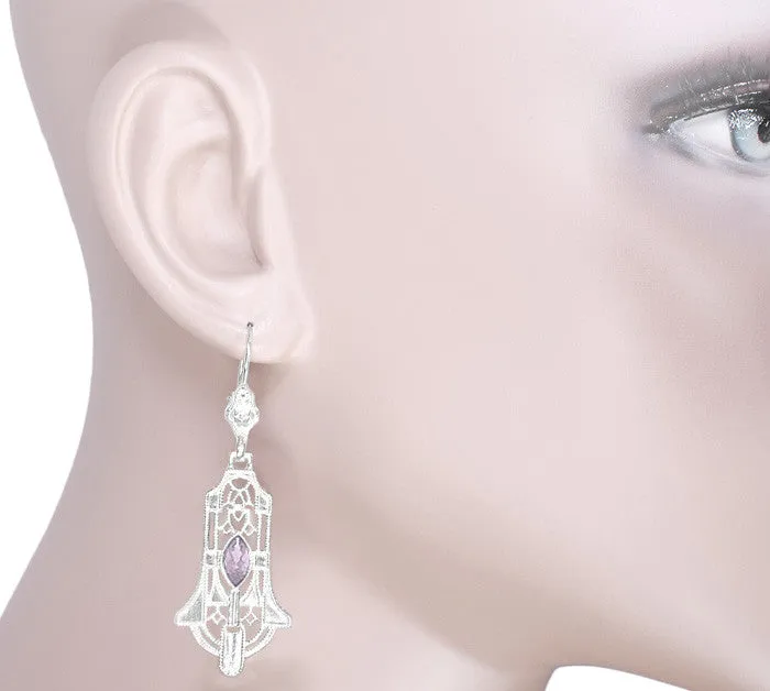 Art Deco Sterling Silver Rose de France Amethyst Dangling Filigree Earrings Antique Jewelry Mall Earrings Art Deco Sterling Silver Rose de France Amethyst Dangling Filigree Earrings Antique Jewelry Mall Earrings