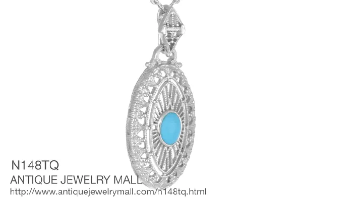 Art Deco Turquoise Filigree Oval Pendant Necklace in Sterling Silver Antique Jewelry Mall Necklaces Art Deco Turquoise Filigree Oval Pendant Necklace in Sterling Silver Antique Jewelry Mall Necklaces
