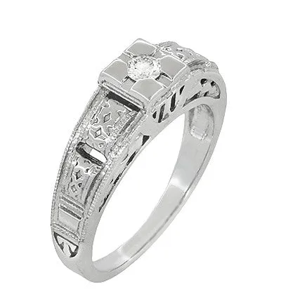 Art Deco White Gold Filigree Tiered Diamond Engagement Ring Low Profile Antique Jewelry Mall Rings Art Deco White Gold Filigree Tiered Diamond Engagement Ring Low Profile Antique Jewelry Mall Rings