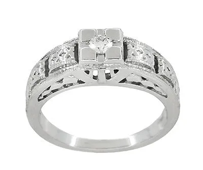 Art Deco White Gold Filigree Tiered Diamond Engagement Ring Low Profile Antique Jewelry Mall Rings Art Deco White Gold Filigree Tiered Diamond Engagement Ring Low Profile Antique Jewelry Mall Rings