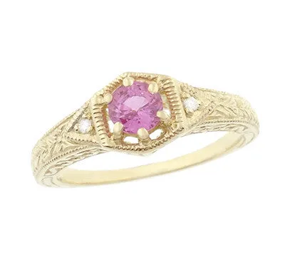 Art Deco Yellow Gold Pink Sapphire and Diamond Filigree Engraved Hexagon Engagement Ring Antique Jewelry Mall Rings Art Deco Yellow Gold Pink Sapphire and Diamond Filigree Engraved Hexagon Engagement Ring Antique Jewelry Mall Rings