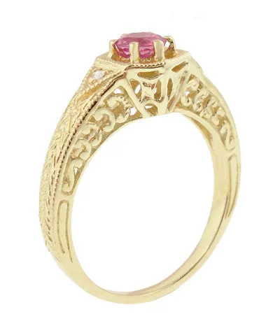 Art Deco Yellow Gold Pink Sapphire and Diamond Filigree Engraved Hexagon Engagement Ring Antique Jewelry Mall Rings Art Deco Yellow Gold Pink Sapphire and Diamond Filigree Engraved Hexagon Engagement Ring Antique Jewelry Mall Rings