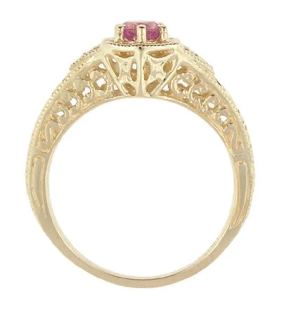 Art Deco Yellow Gold Pink Sapphire and Diamond Filigree Engraved Hexagon Engagement Ring Antique Jewelry Mall Rings Art Deco Yellow Gold Pink Sapphire and Diamond Filigree Engraved Hexagon Engagement Ring Antique Jewelry Mall Rings