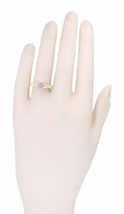 Art Deco Yellow Gold Pink Sapphire and Diamond Filigree Engraved Hexagon Engagement Ring Antique Jewelry Mall Rings Art Deco Yellow Gold Pink Sapphire and Diamond Filigree Engraved Hexagon Engagement Ring Antique Jewelry Mall Rings