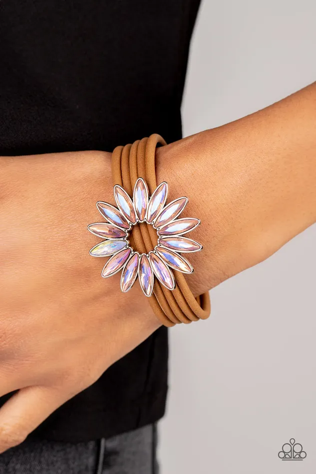 Astral Adventure Orange Iridescent Floral Gem Brown Suede Leather Magnet Bracelet Paparazzi Paparazzi Accessories Bracelets