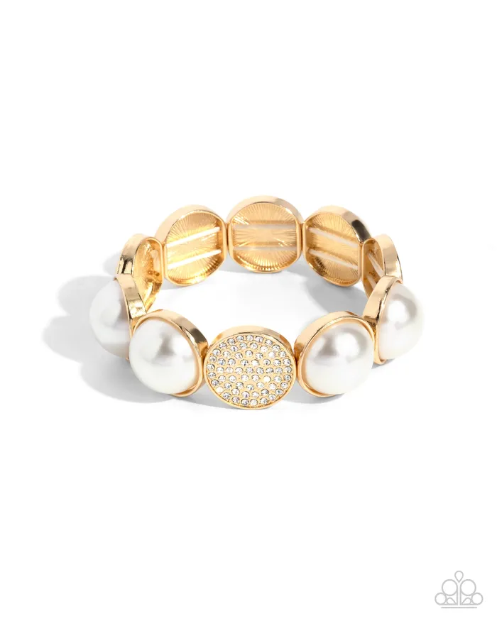 Believable Bling Gold Circle White Pearl Rhinestone Stretchy Bracelet Paparazzi Paparazzi Accessories Bracelets
