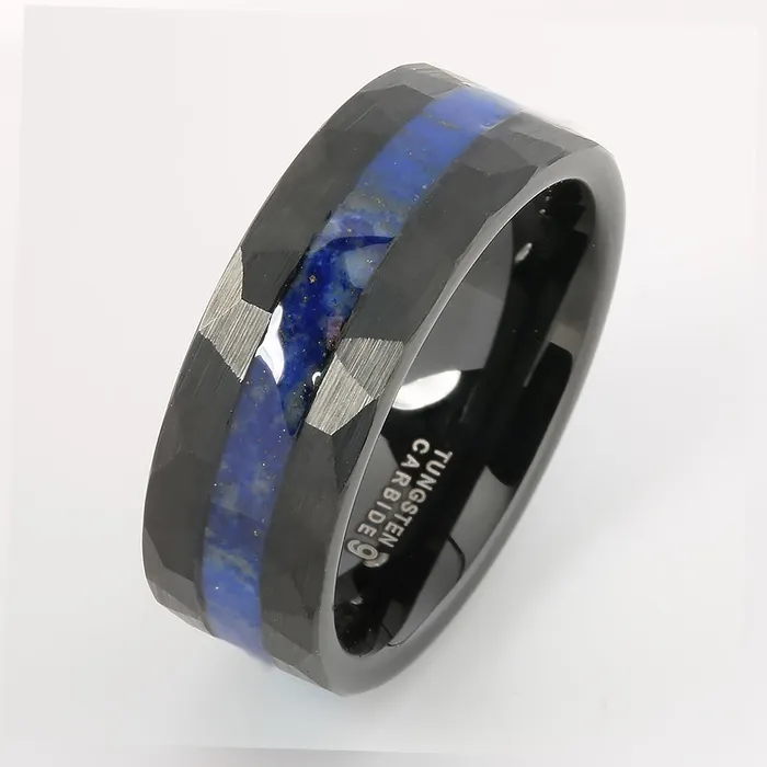 Black Tungsten Lapis Lazuli Inlaid Diamond Cut Flat Wedding Ring 8mm Nakoa Rings Black Tungsten Lapis Lazuli Inlaid Diamond Cut Flat Wedding Ring 8mm Nakoa Rings