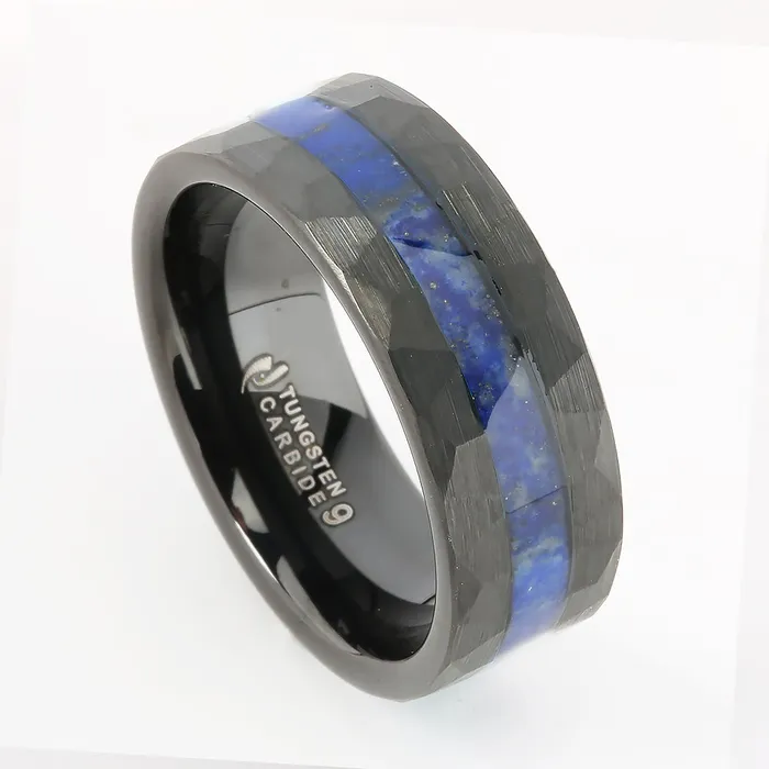 Black Tungsten Lapis Lazuli Inlaid Diamond Cut Flat Wedding Ring 8mm Nakoa Rings