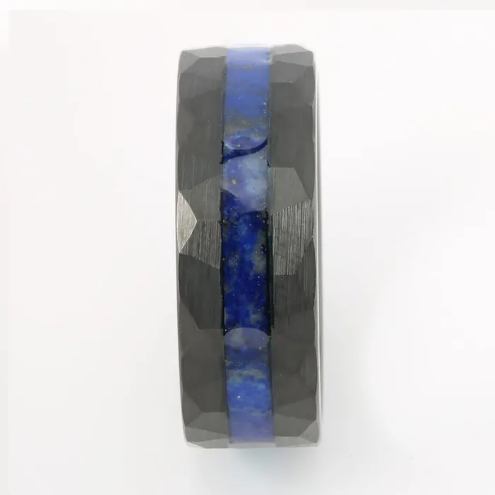 Black Tungsten Lapis Lazuli Inlaid Diamond Cut Flat Wedding Ring 8mm Nakoa Rings