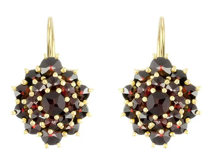 Bohemian Garnet Victorian Leverback Oval Cluster Earrings in 14K Yellow Gold and Sterling Silver Vermeil Antique Jewelry Mall Earrings Bohemian Garnet Victorian Leverback Oval Cluster Earrings in 14K Yellow Gold and Sterling Silver Vermeil Antique Jewelry Mall Earrings