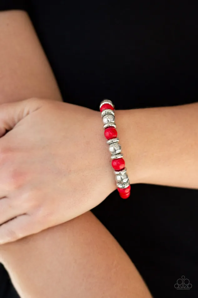 Bracelets Across The Mesa Red and Silver Bead Stretchy Bracelet Paparazzi Accessories